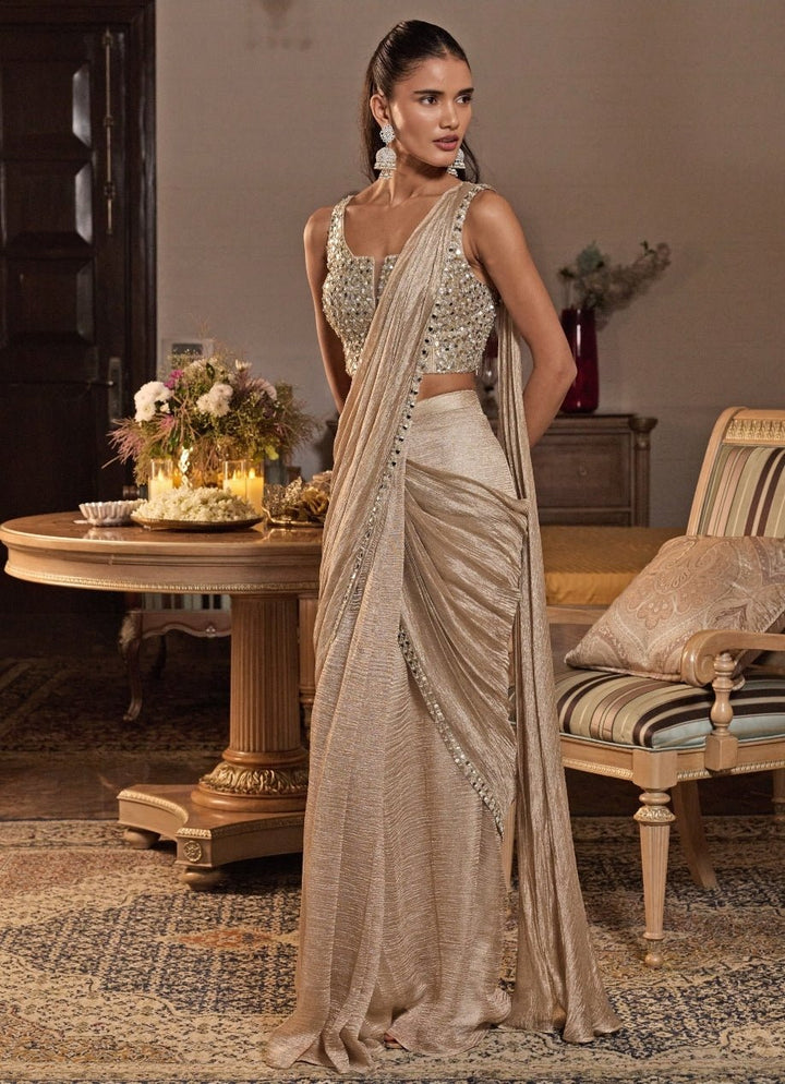 Champagne Gold Tissue Pre Draped Saree Seema Thukral - Fabilicious Fashion