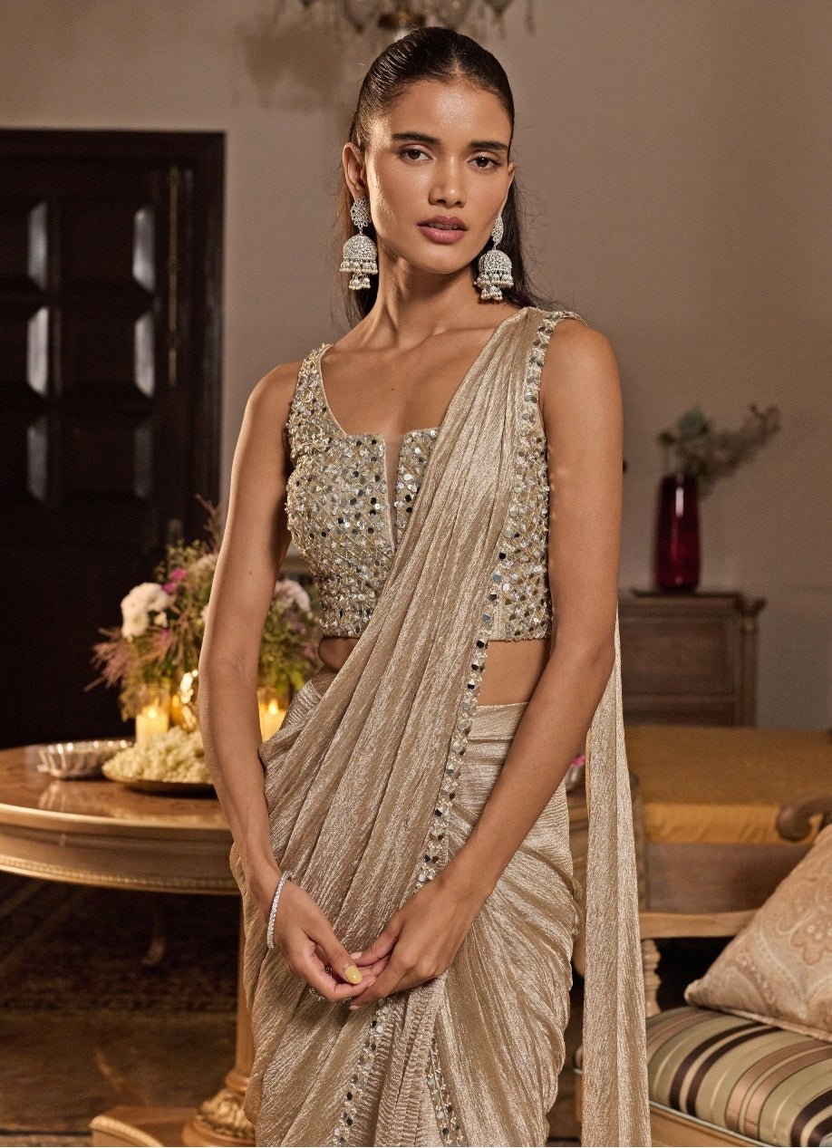 Champagne Gold Tissue Pre Draped Saree Seema Thukral - Fabilicious Fashion