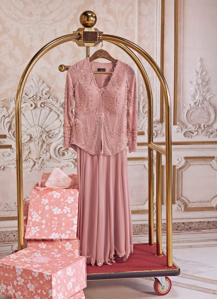 Champagne Lilac Georgette Peplum Kurta Pants Set Sanya Gulati - Fabilicious Fashion