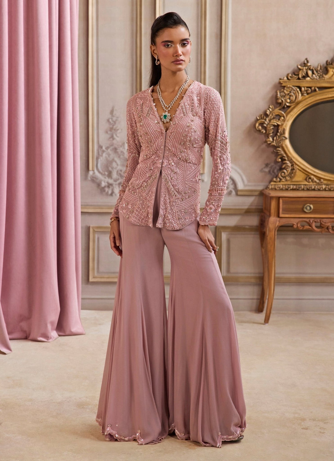 Champagne Lilac Georgette Peplum Kurta Pants Set Sanya Gulati - Fabilicious Fashion