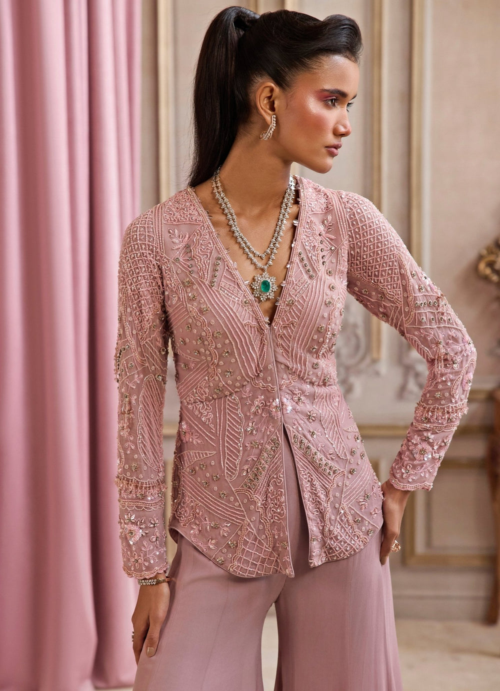 Champagne Lilac Georgette Peplum Kurta Pants Set Sanya Gulati - Fabilicious Fashion