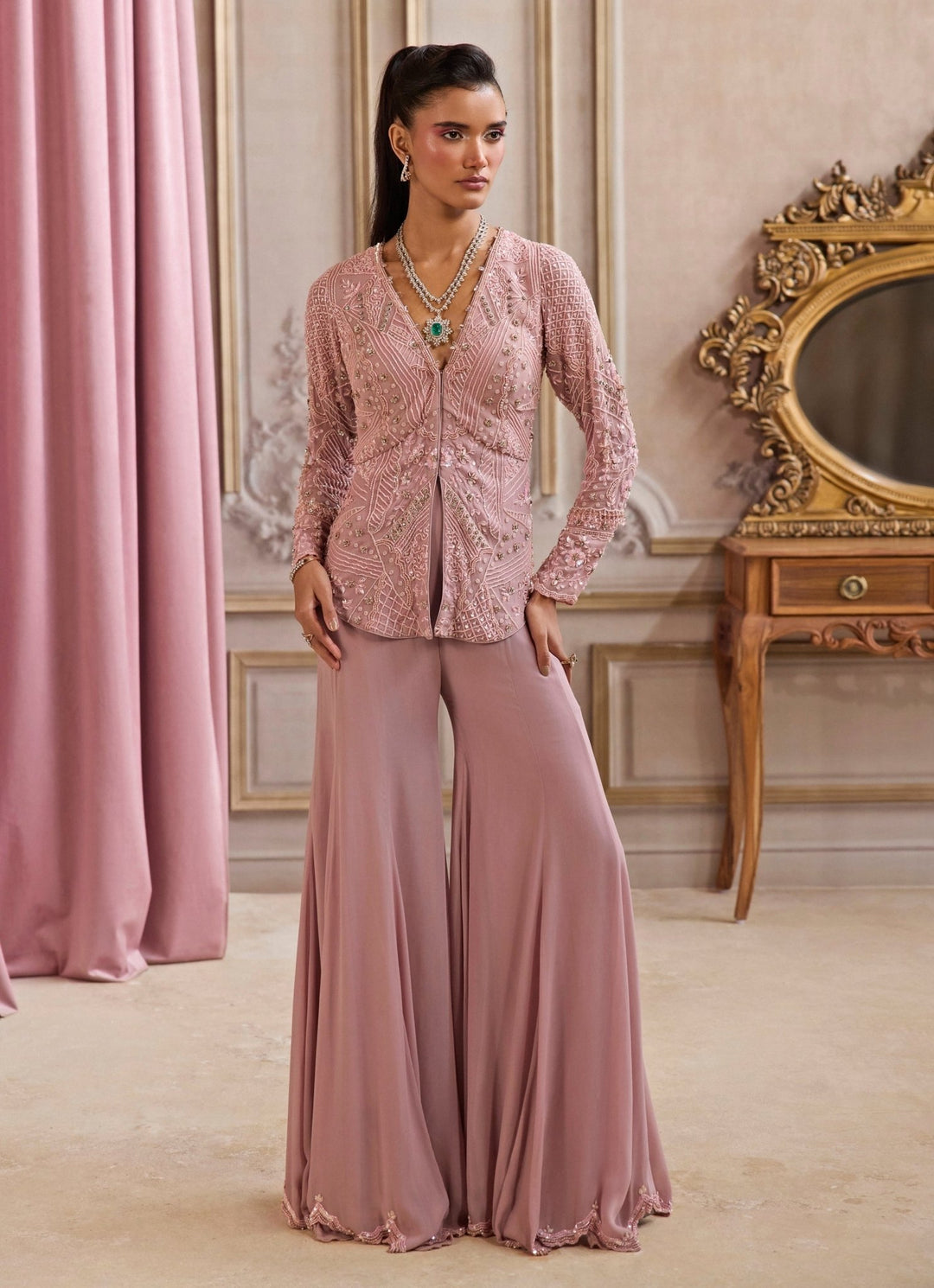 Champagne Lilac Georgette Peplum Kurta Pants Set Sanya Gulati - Fabilicious Fashion