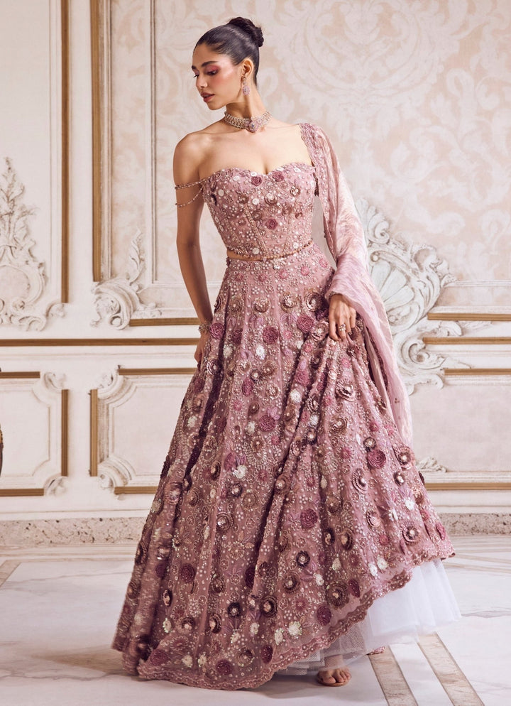 Champagne Lilac Silk Organza Lehenga Set With Corset Sanya Gulati - Fabilicious Fashion