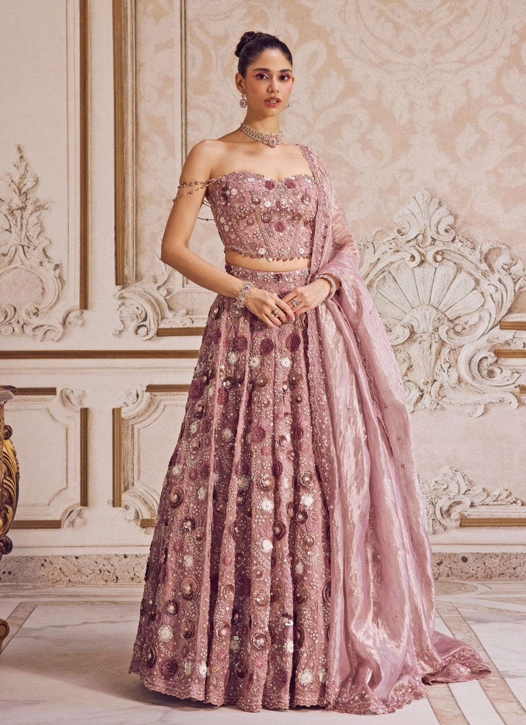Champagne Lilac Silk Organza Lehenga Set With Corset Sanya Gulati - Fabilicious Fashion