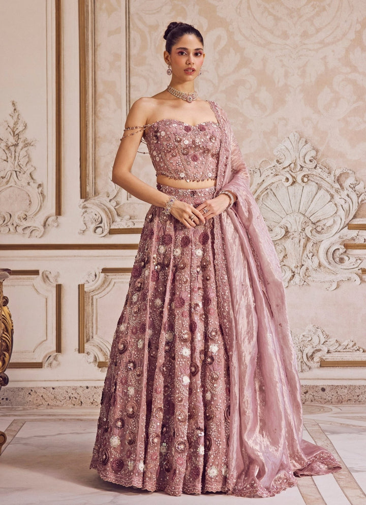 Champagne Lilac Silk Organza Lehenga Set With Corset Sanya Gulati - Fabilicious Fashion