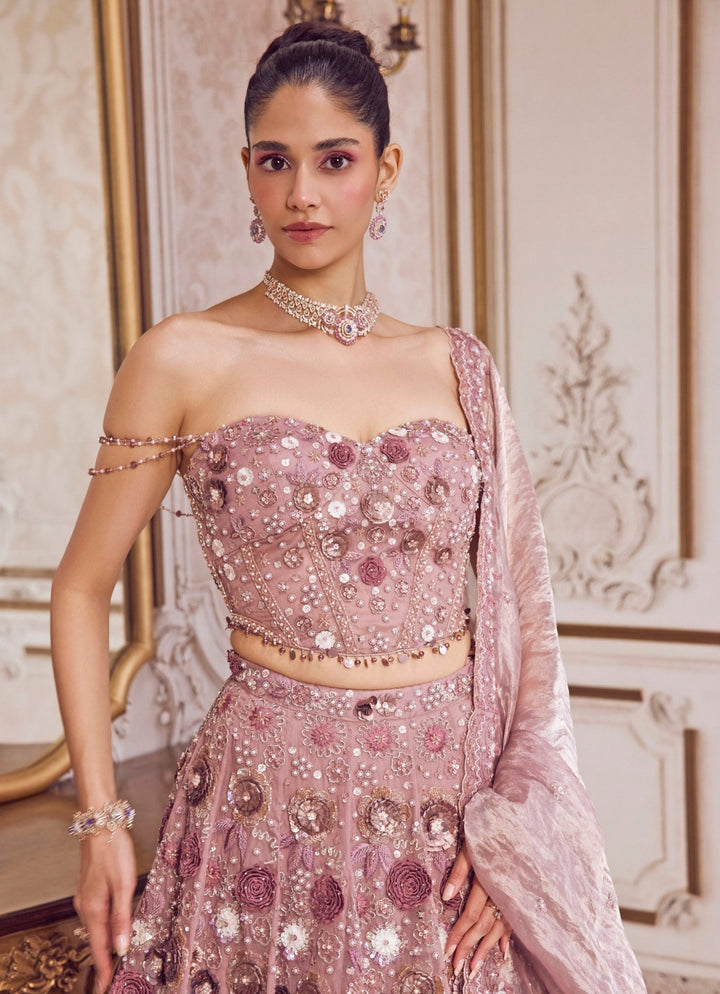Champagne Lilac Silk Organza Lehenga Set With Corset Sanya Gulati - Fabilicious Fashion
