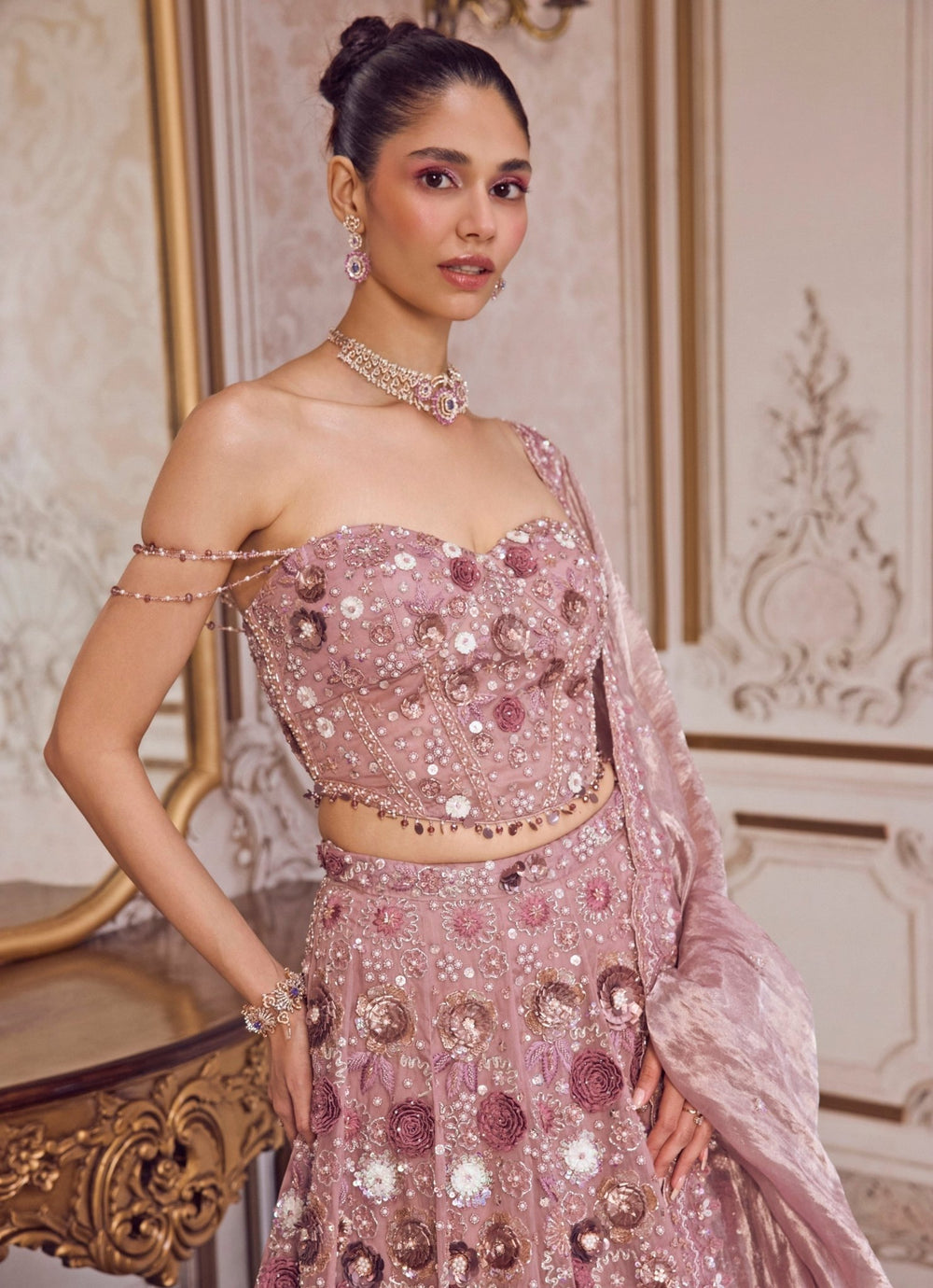 Champagne Lilac Silk Organza Lehenga Set With Corset Sanya Gulati - Fabilicious Fashion