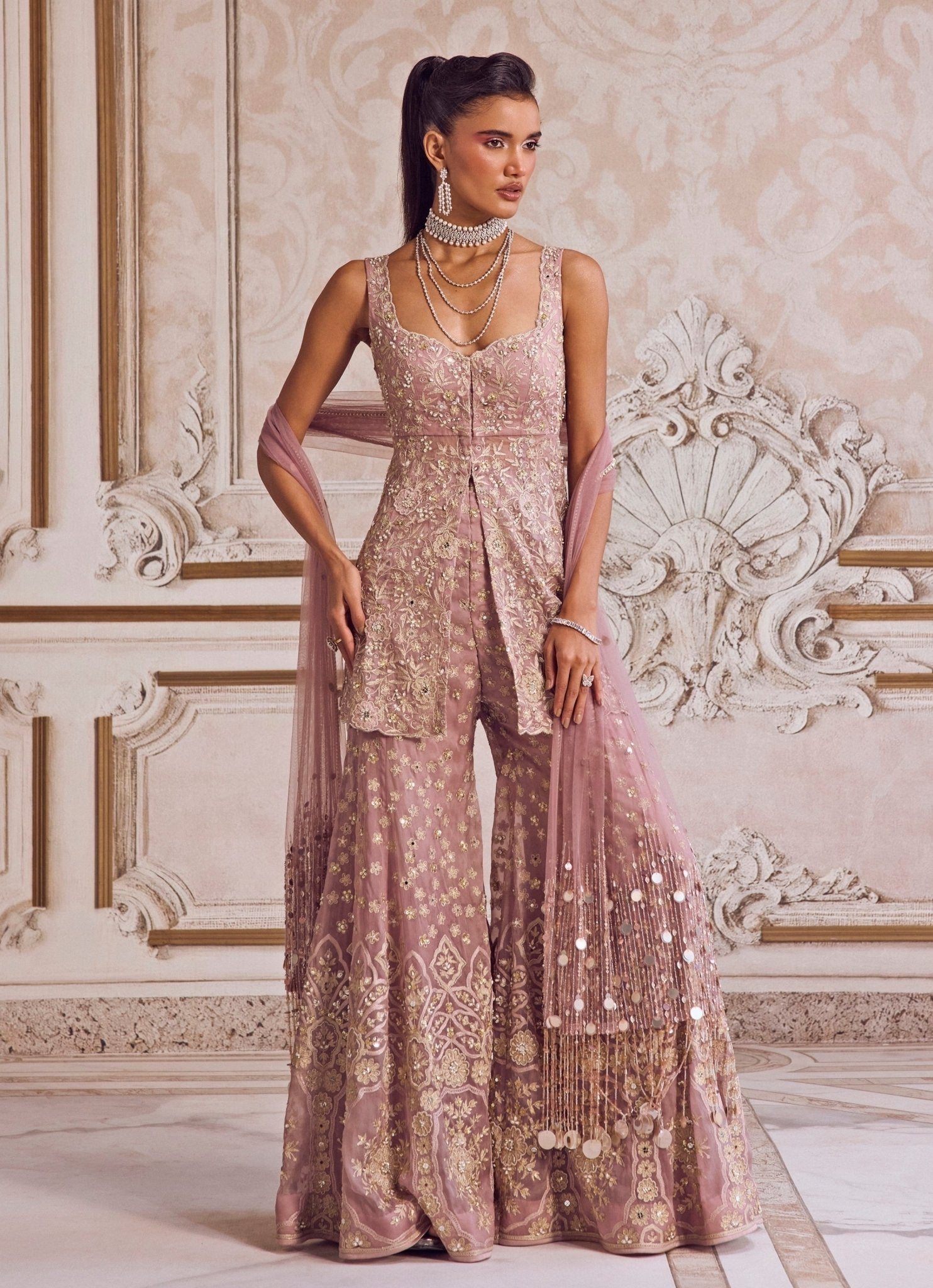 Champagne lilac silk organza peplum kurta pants set for Indian wedding guest