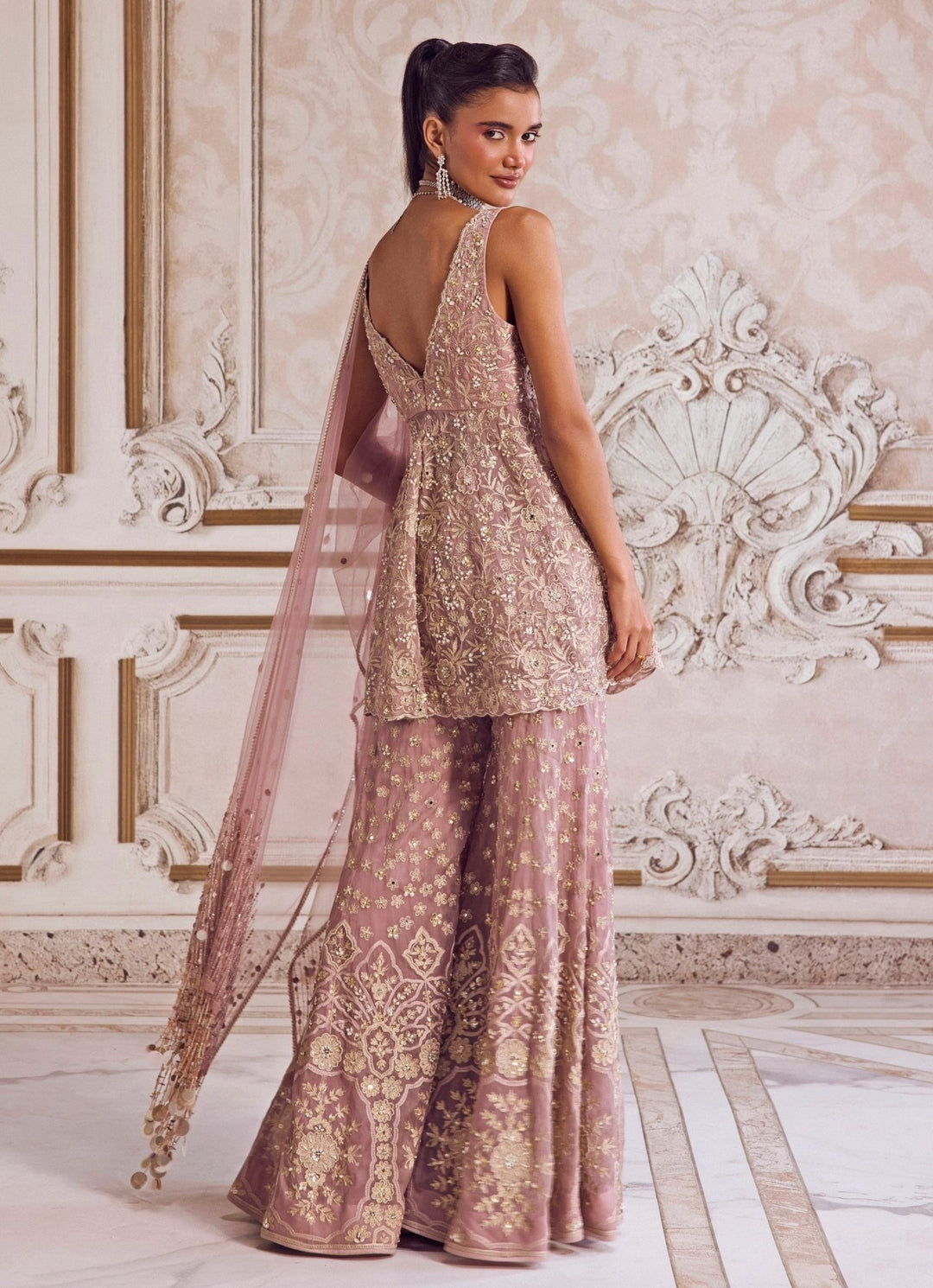 Champagne Lilac Silk Organza Peplum Kurta Pants Set Sanya Gulati - Fabilicious Fashion