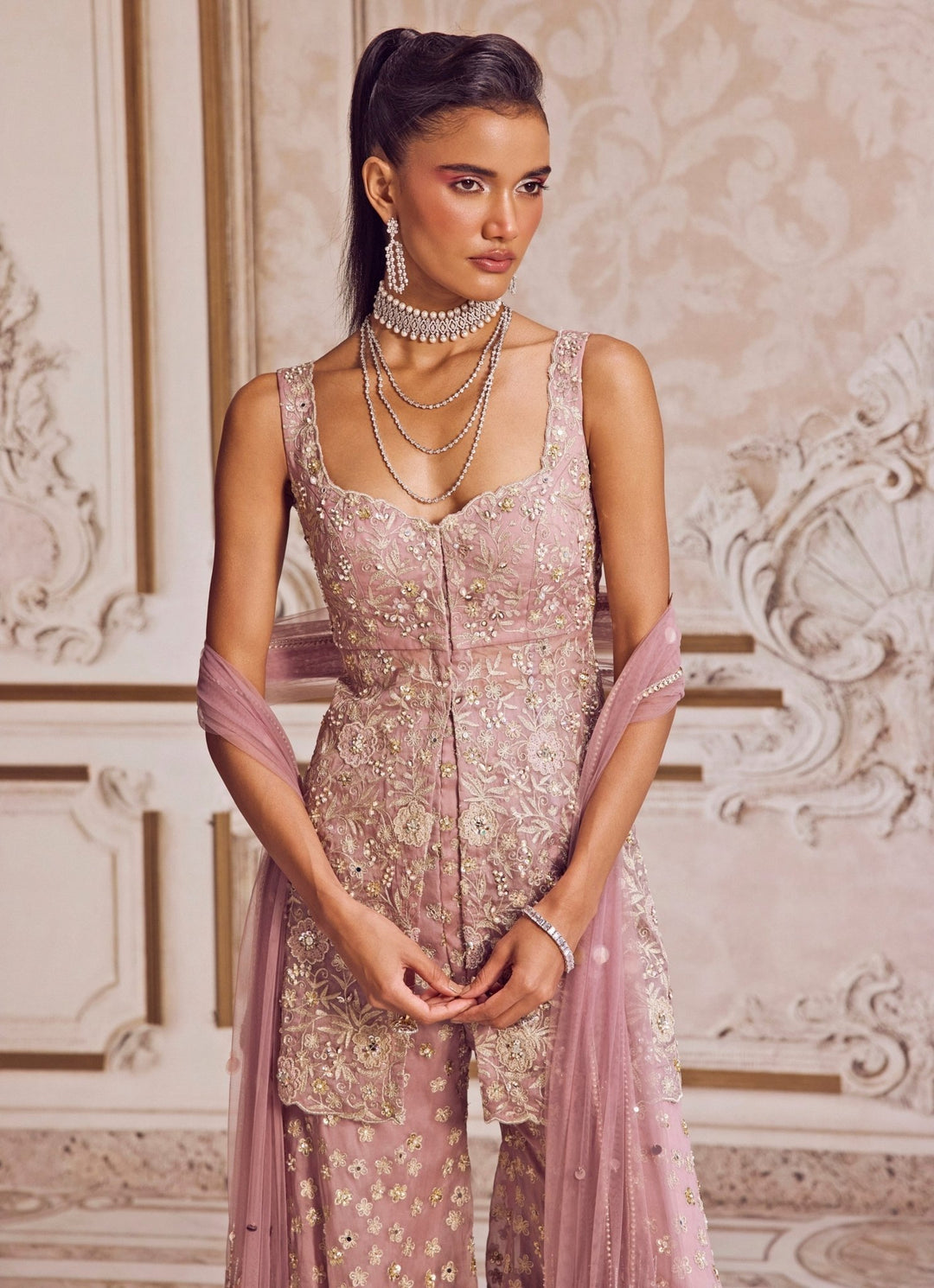 Champagne Lilac Silk Organza Peplum Kurta Pants Set Sanya Gulati - Fabilicious Fashion
