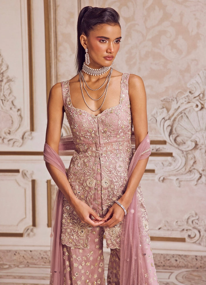 Champagne Lilac Silk Organza Peplum Kurta Pants Set Sanya Gulati - Fabilicious Fashion