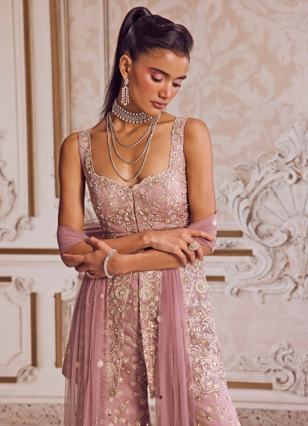 Champagne Lilac Silk Organza Peplum Kurta Pants Set Sanya Gulati - Fabilicious Fashion