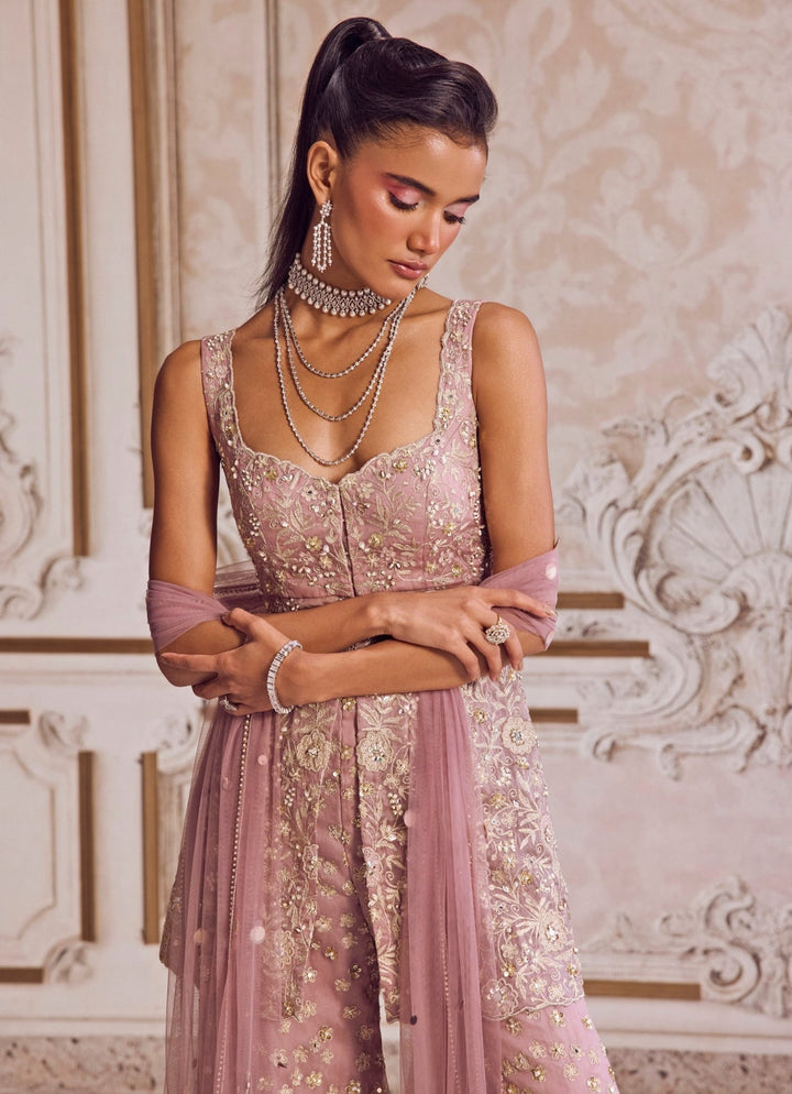 Champagne Lilac Silk Organza Peplum Kurta Pants Set Sanya Gulati - Fabilicious Fashion