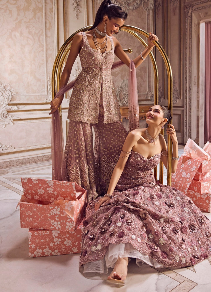 Champagne Lilac Silk Organza Peplum Kurta Pants Set Sanya Gulati - Fabilicious Fashion