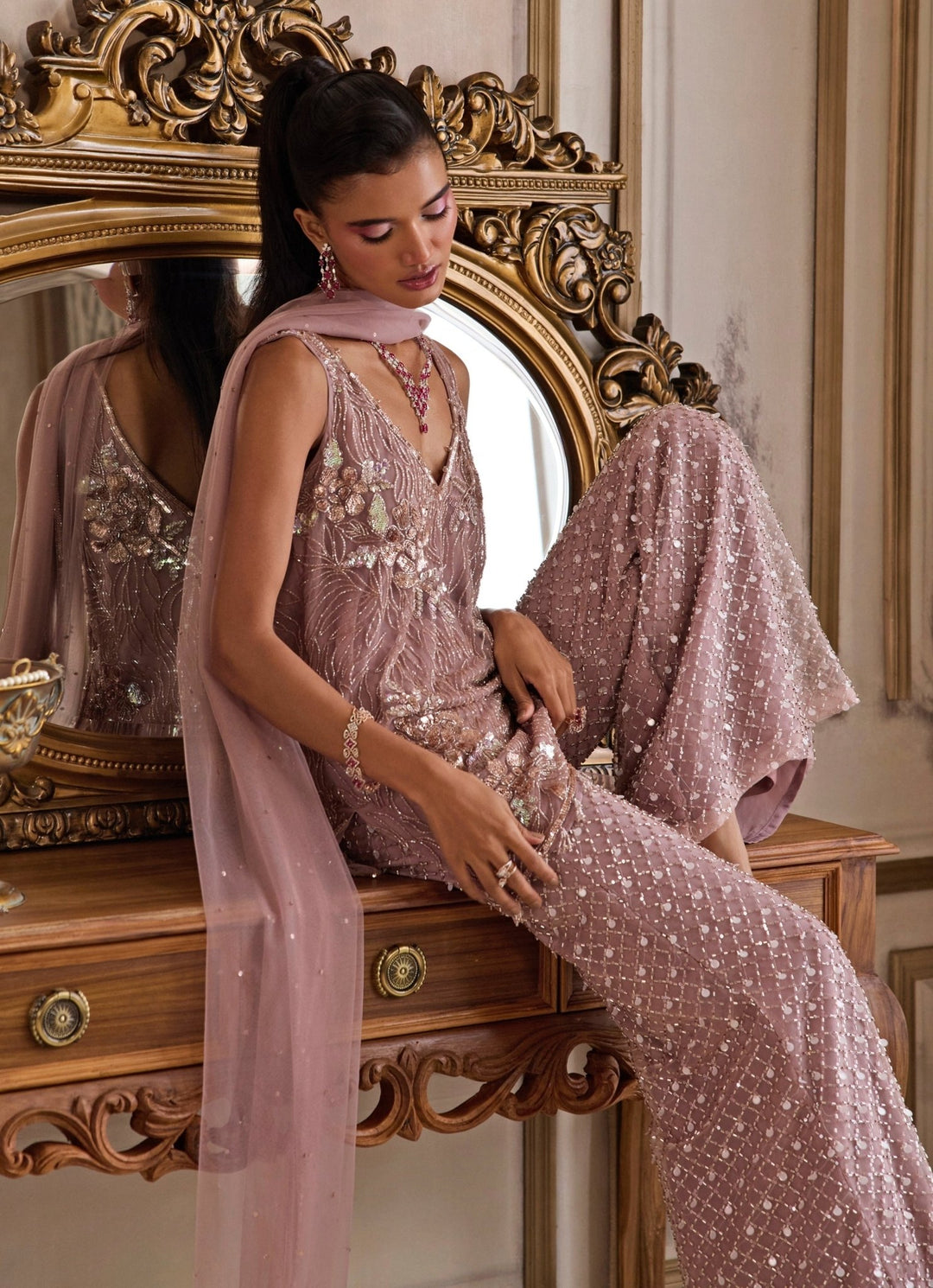 Champagne Lilac Soft Net Kurta Pants Set Sanya Gulati - Fabilicious Fashion