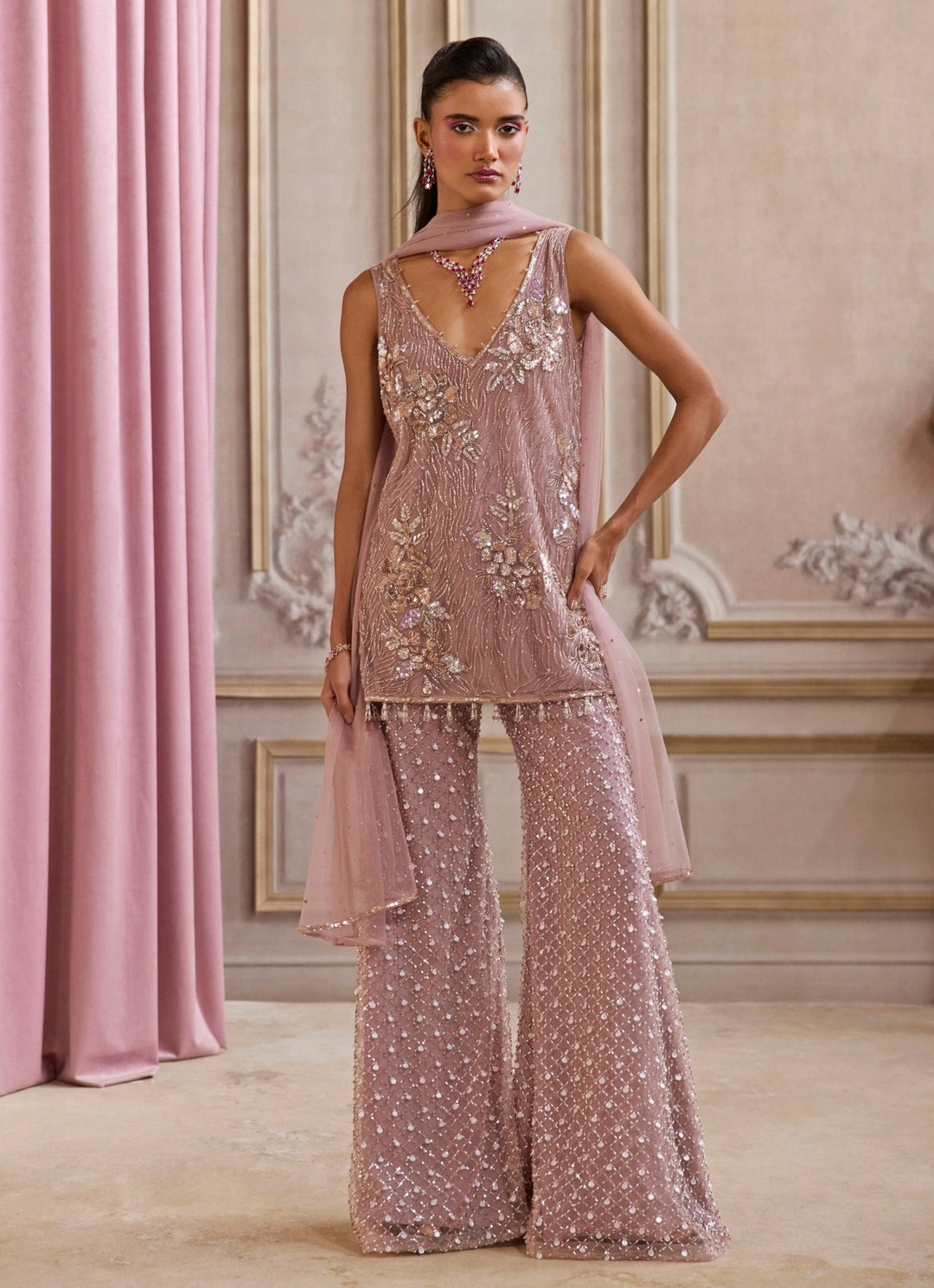 Champagne Lilac Soft Net Kurta Pants Set Sanya Gulati - Fabilicious Fashion