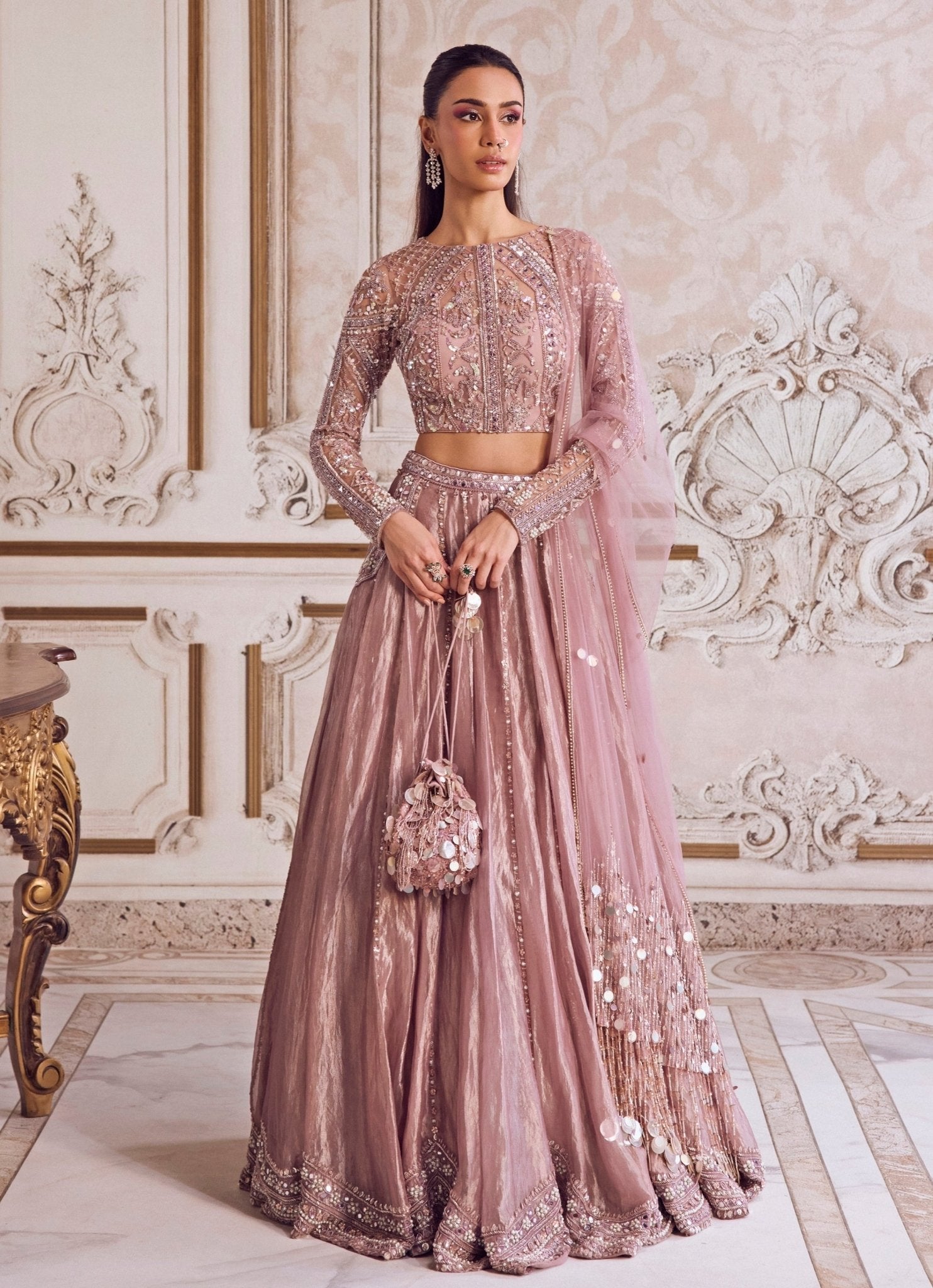 Pastel palette nikaah bridal colours — Champagne Lilac lehenga for a romantic nikaah bridal look