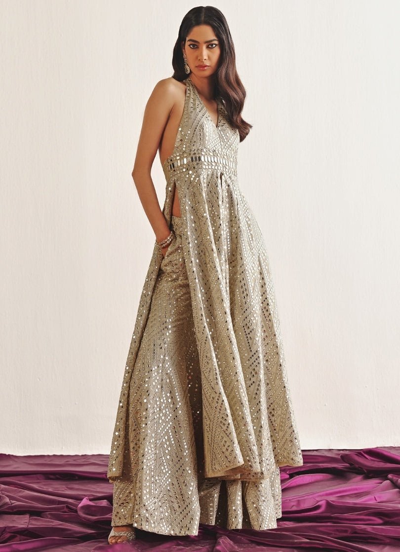Champagne Mirrorwork Palazzo Set With Halter Neck Long Top Twenty Nine - Fabilicious Fashion