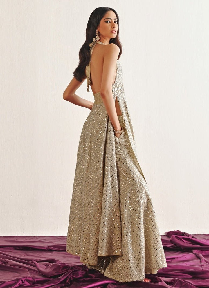 Champagne Mirrorwork Palazzo Set With Halter Neck Long Top Twenty Nine - Fabilicious Fashion