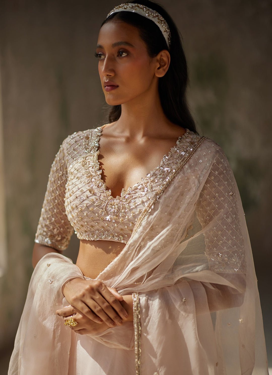 Champagne Pink Embroidered Lehenga Set Zoon Tribe - Fabilicious Fashion