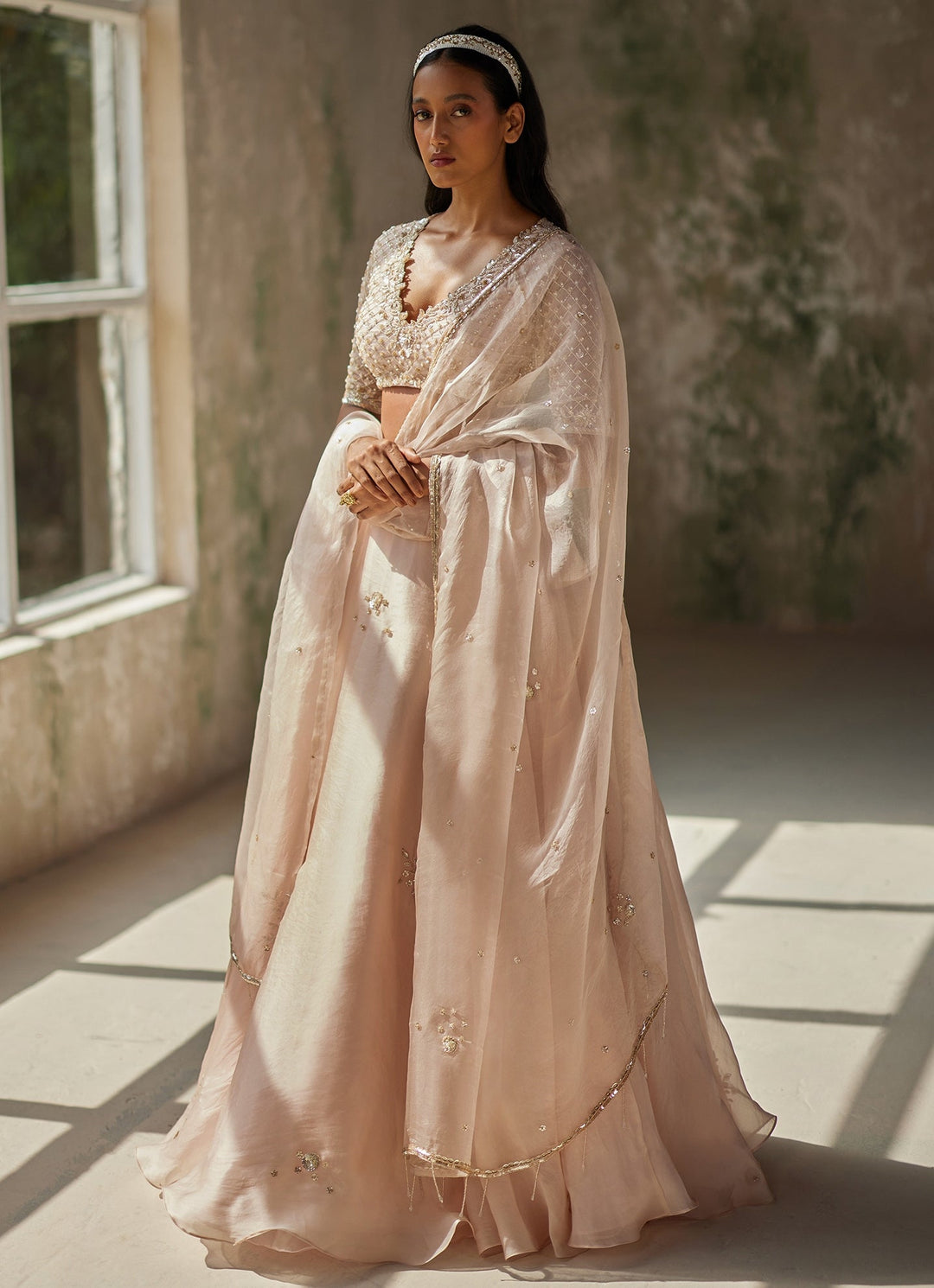 Champagne Pink Embroidered Lehenga Set Zoon Tribe - Fabilicious Fashion