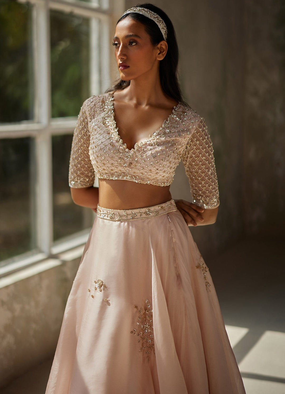 Champagne Pink Embroidered Lehenga Set Zoon Tribe - Fabilicious Fashion