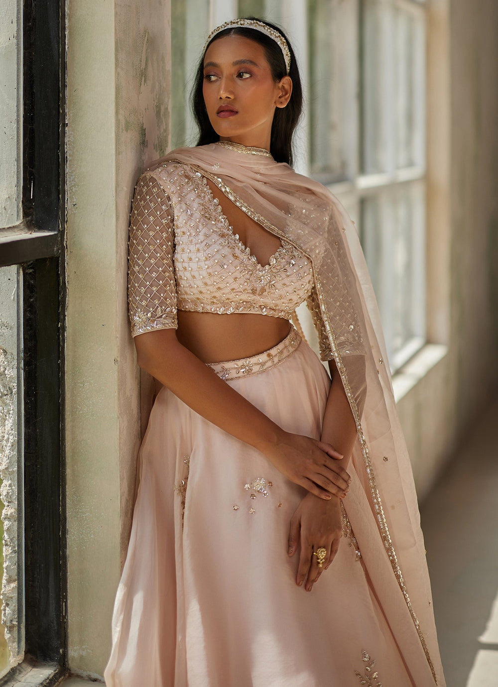 Champagne Pink Embroidered Lehenga Set Zoon Tribe - Fabilicious Fashion