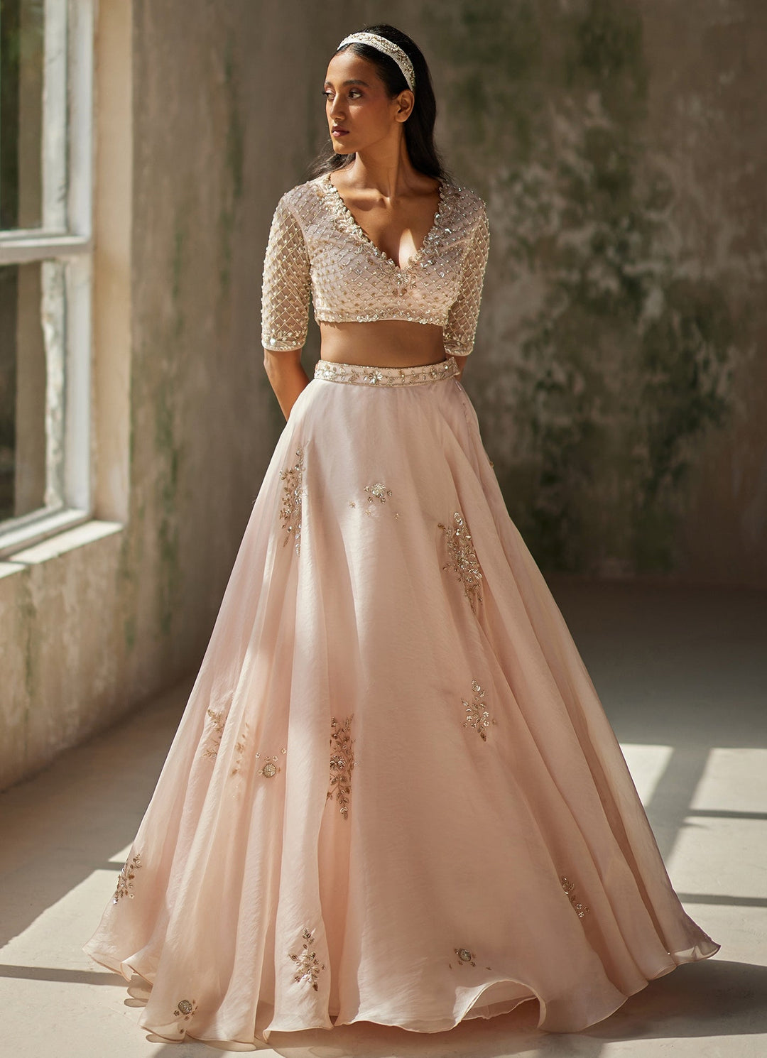 Champagne Pink Embroidered Lehenga Set Zoon Tribe - Fabilicious Fashion