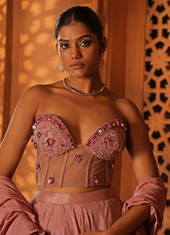 Champagne Pink Silk Lehenga With Corset Blouse Enamour by Radha - Fabilicious Fashion