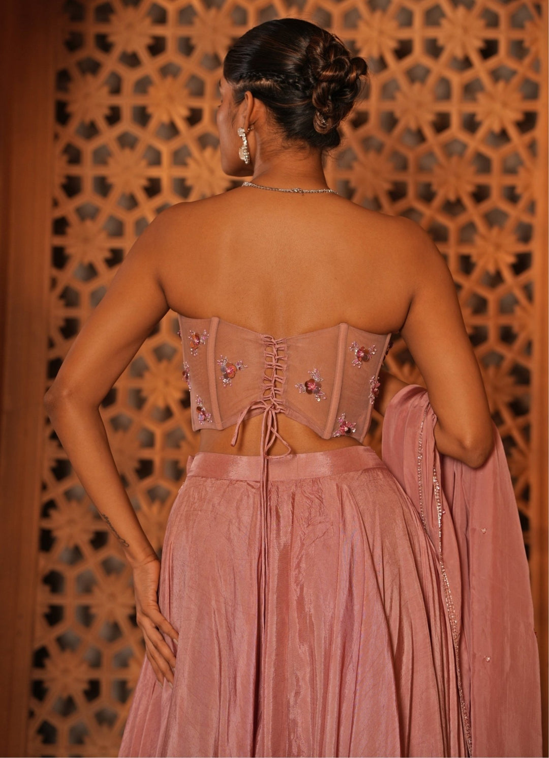 Champagne Pink Silk Lehenga With Corset Blouse Enamour by Radha - Fabilicious Fashion