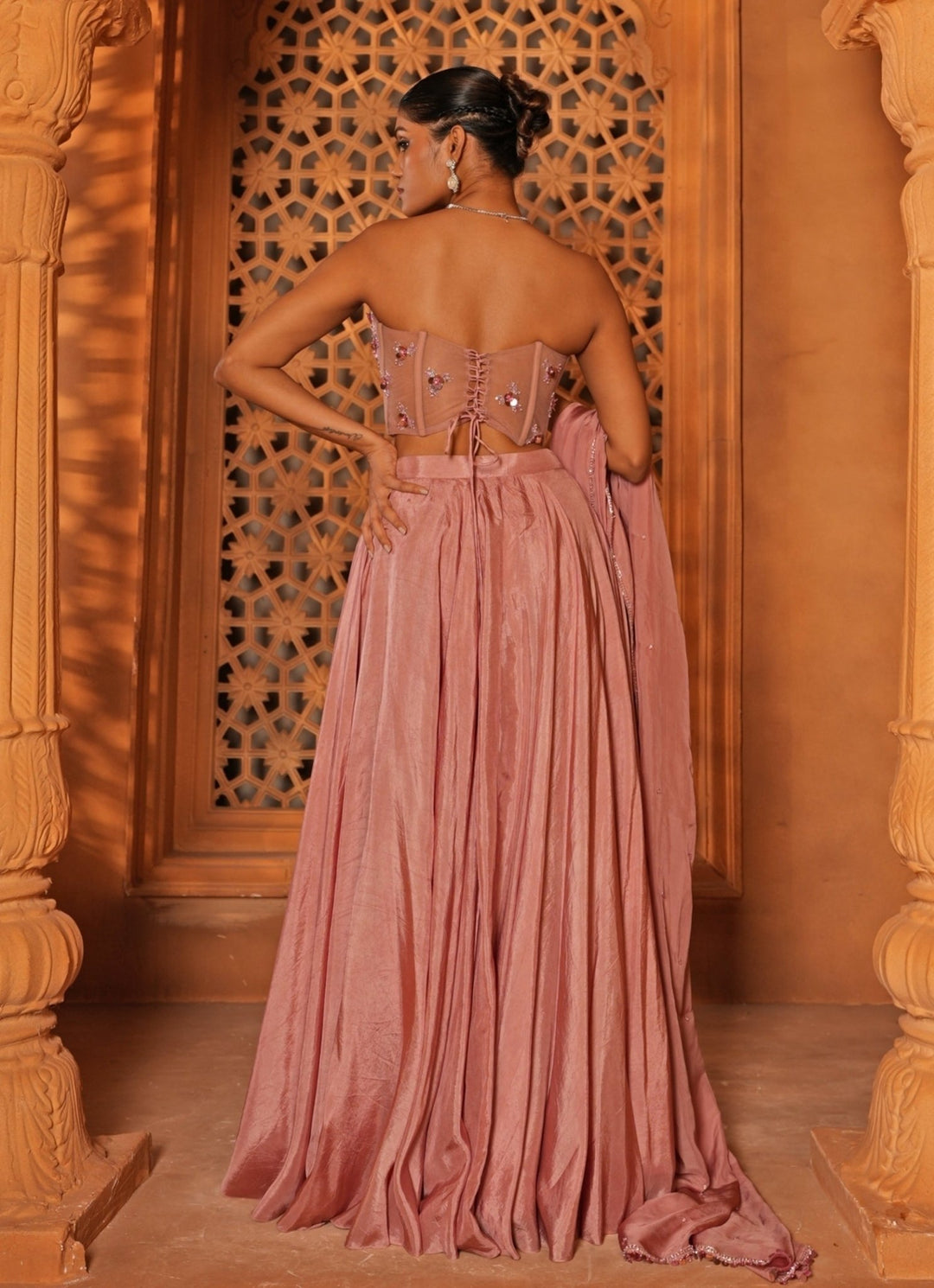 Champagne Pink Silk Lehenga With Corset Blouse Enamour by Radha - Fabilicious Fashion
