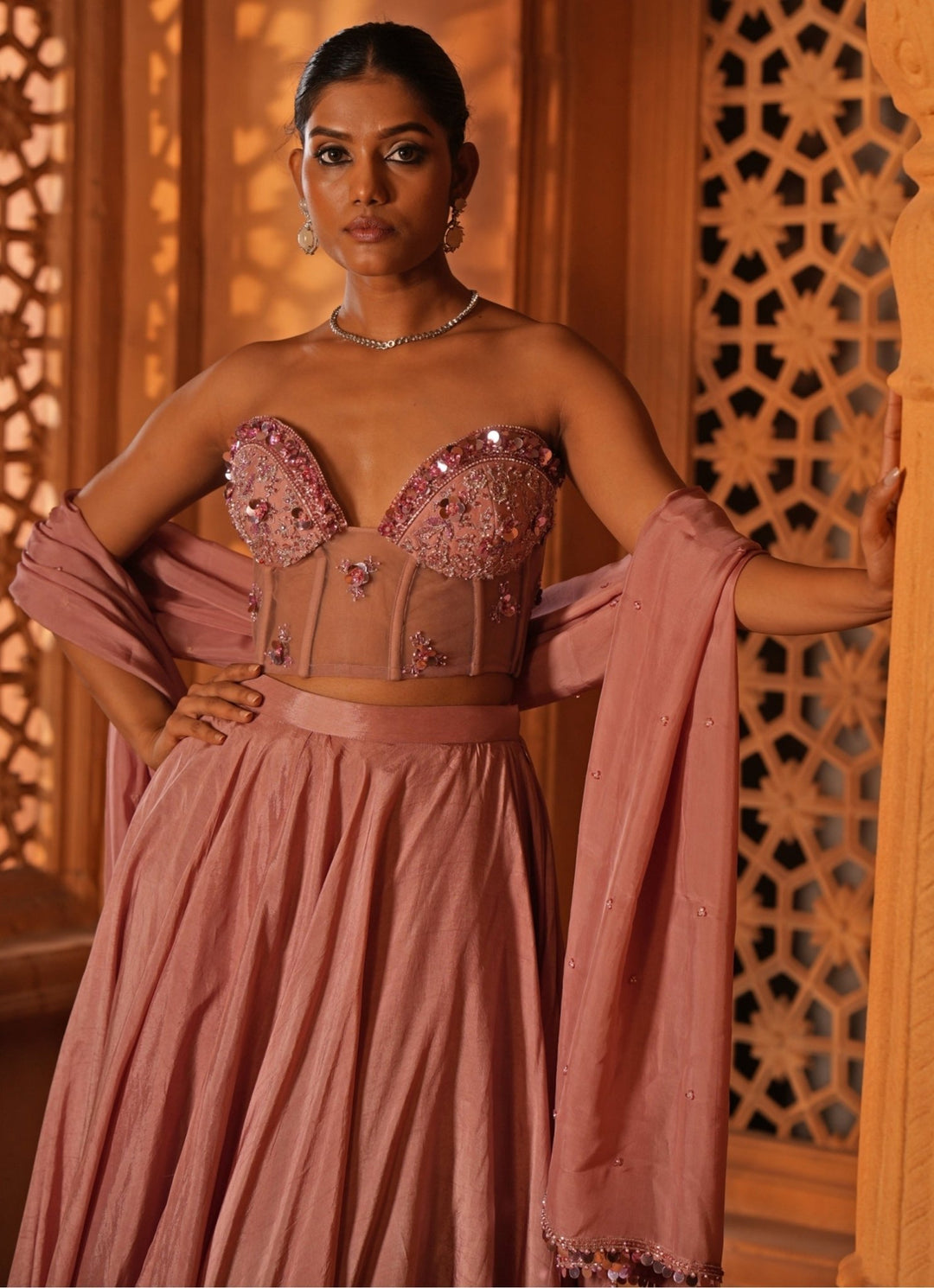 Champagne Pink Silk Lehenga With Corset Blouse Enamour by Radha - Fabilicious Fashion