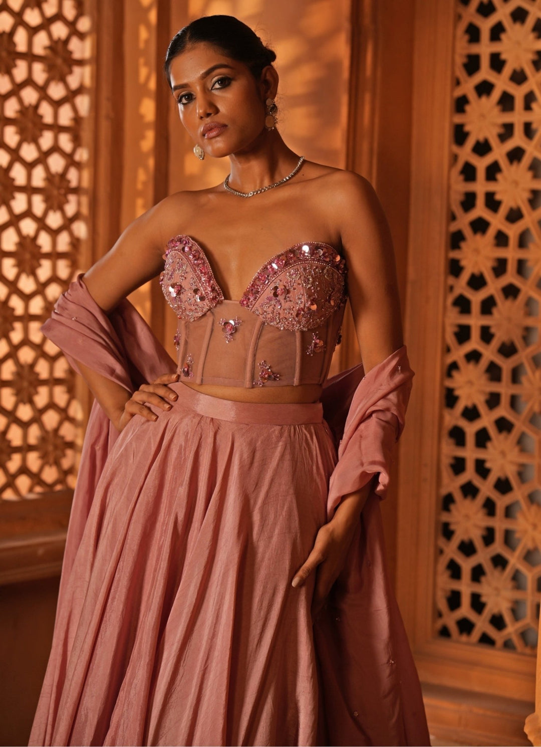 Champagne Pink Silk Lehenga With Corset Blouse Enamour by Radha - Fabilicious Fashion