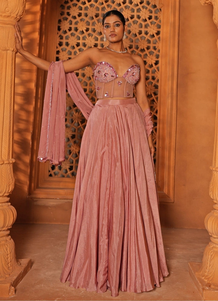 Champagne Pink Silk Lehenga With Corset Blouse Enamour by Radha - Fabilicious Fashion