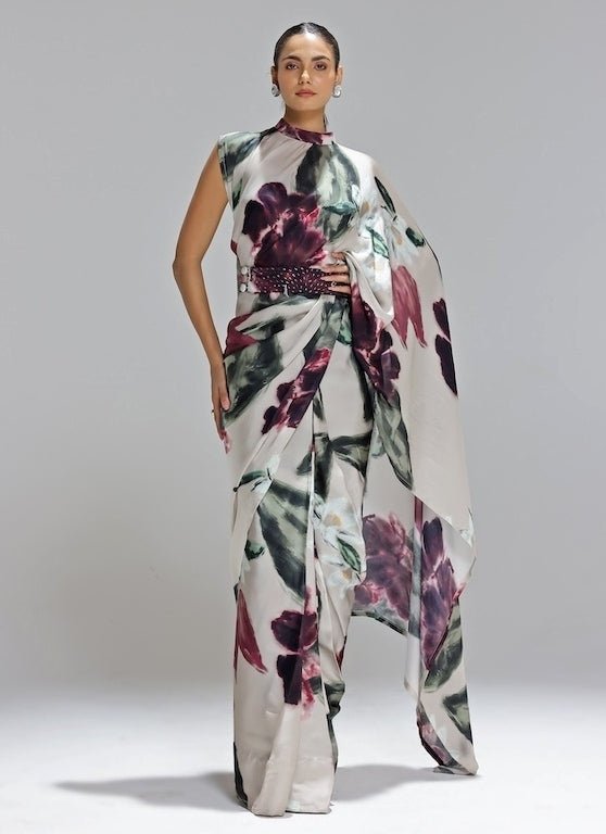 Studio Surbhi Champagne Printed Georgette Satin Pre-Draped SareeFabilicious Fashion