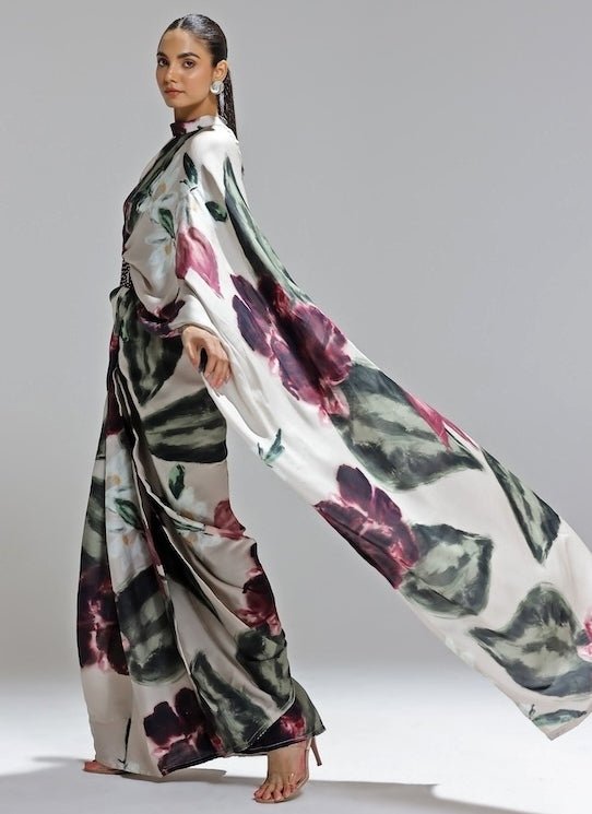 Studio Surbhi Champagne Printed Georgette Satin Pre-Draped SareeFabilicious Fashion