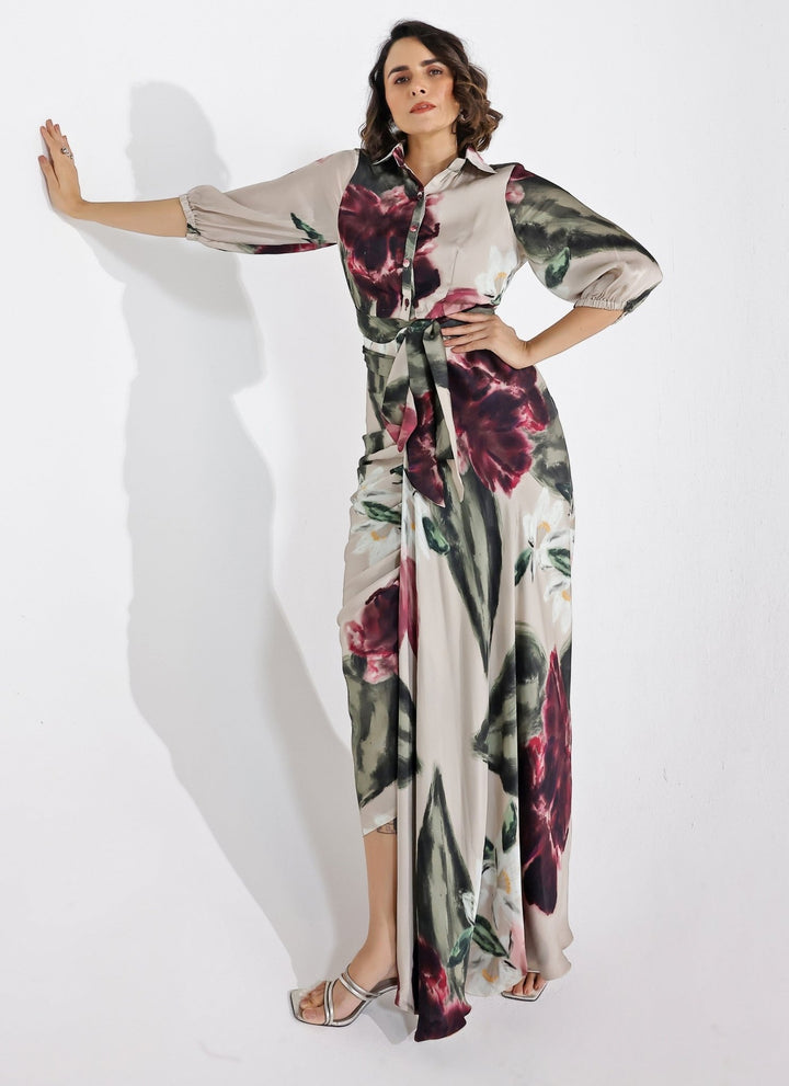 Studio Surbhi Champagne Printed Georgette Satin Shirt With Skirt SetFabilicious Fashion
