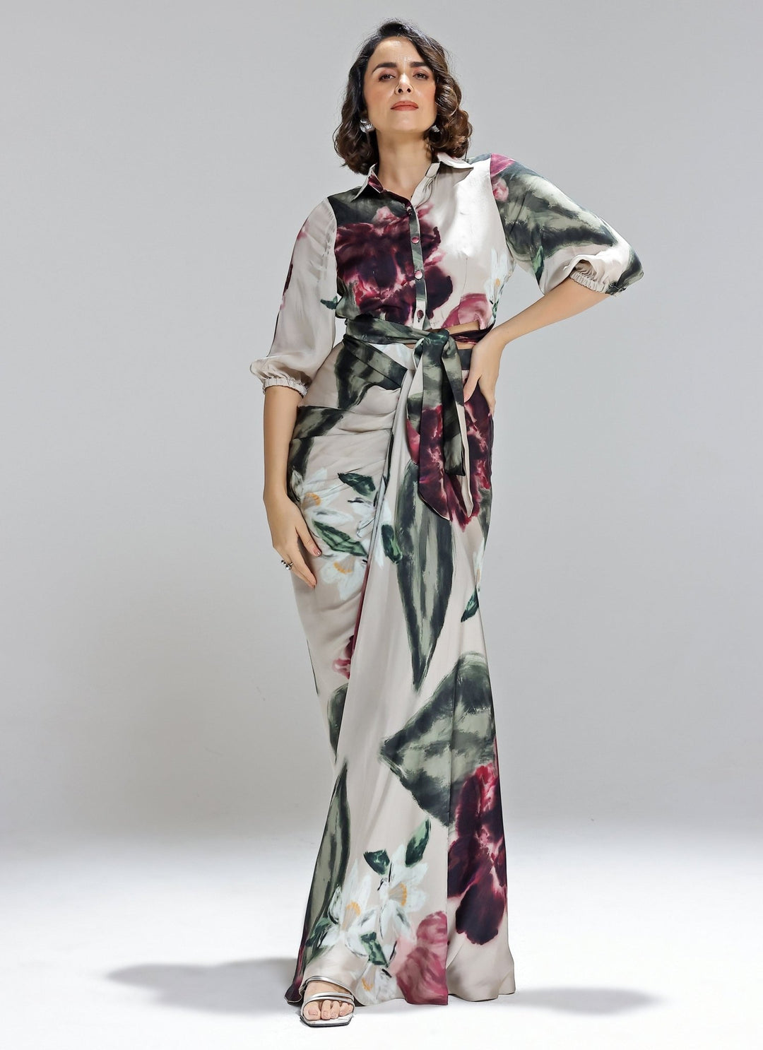 Studio Surbhi Champagne Printed Georgette Satin Shirt With Skirt SetFabilicious Fashion
