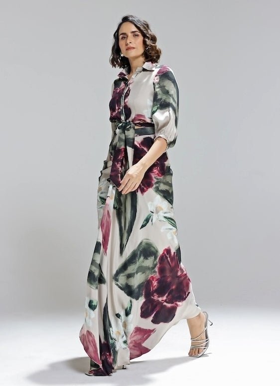Studio Surbhi Champagne Printed Georgette Satin Shirt With Skirt SetFabilicious Fashion