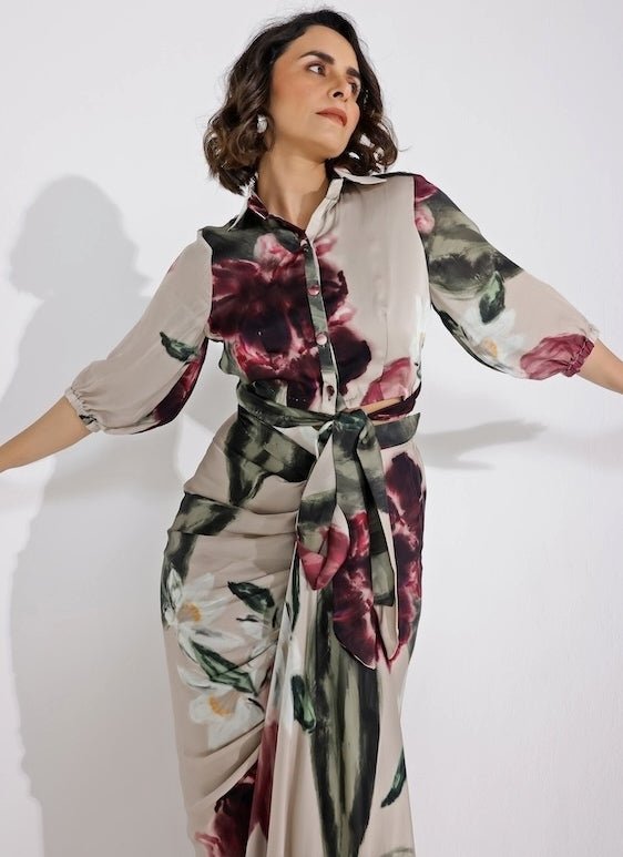 Studio Surbhi Champagne Printed Georgette Satin Shirt With Skirt SetFabilicious Fashion