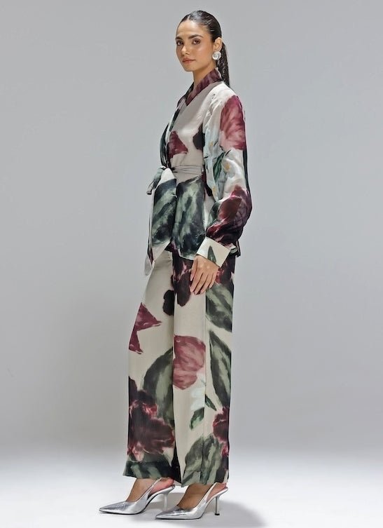 Studio Surbhi Champagne Printed Organza Jacket Pants SetFabilicious Fashion