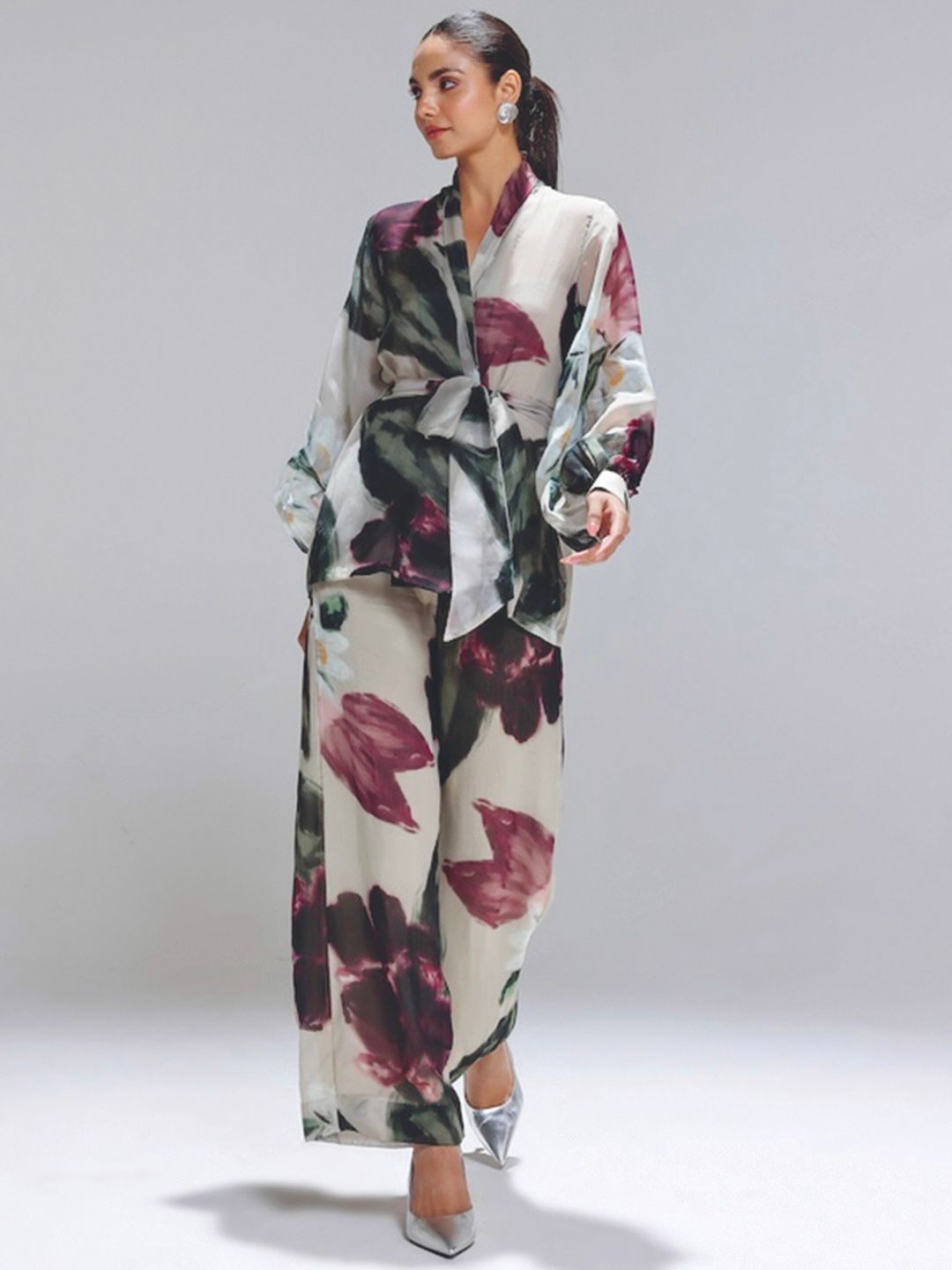 Studio Surbhi Champagne Printed Organza Jacket Pants SetFabilicious Fashion
