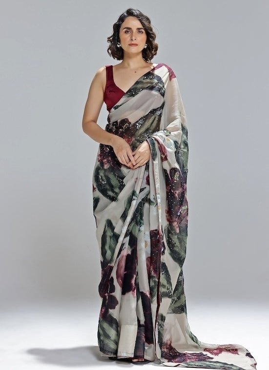 Studio Surbhi Champagne Printed Organza SareeFabilicious Fashion