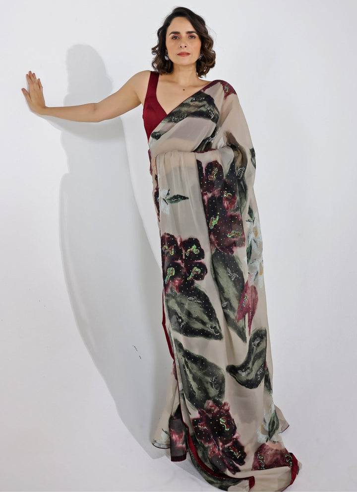 Studio Surbhi Champagne Printed Organza SareeFabilicious Fashion