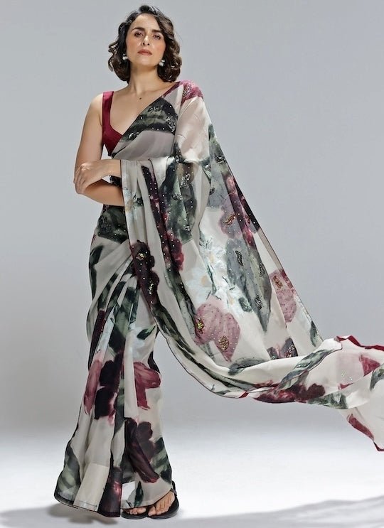 Studio Surbhi Champagne Printed Organza SareeFabilicious Fashion