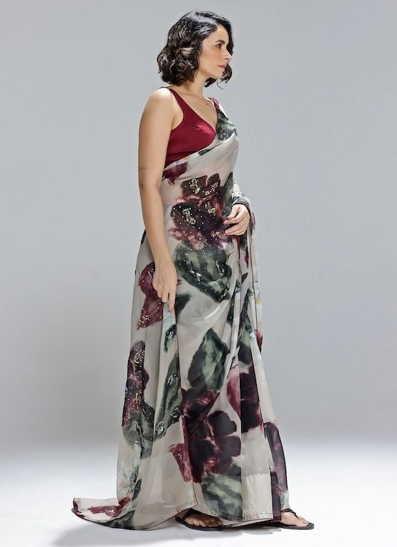 Studio Surbhi Champagne Printed Organza SareeFabilicious Fashion