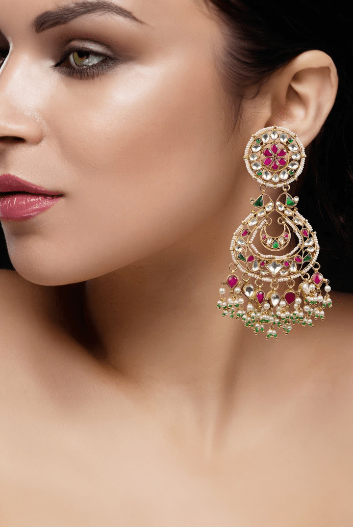 Chand Baali With Red And Green Jadtar Stone Riana by Shikha Jindal - Fabilicious Fashion