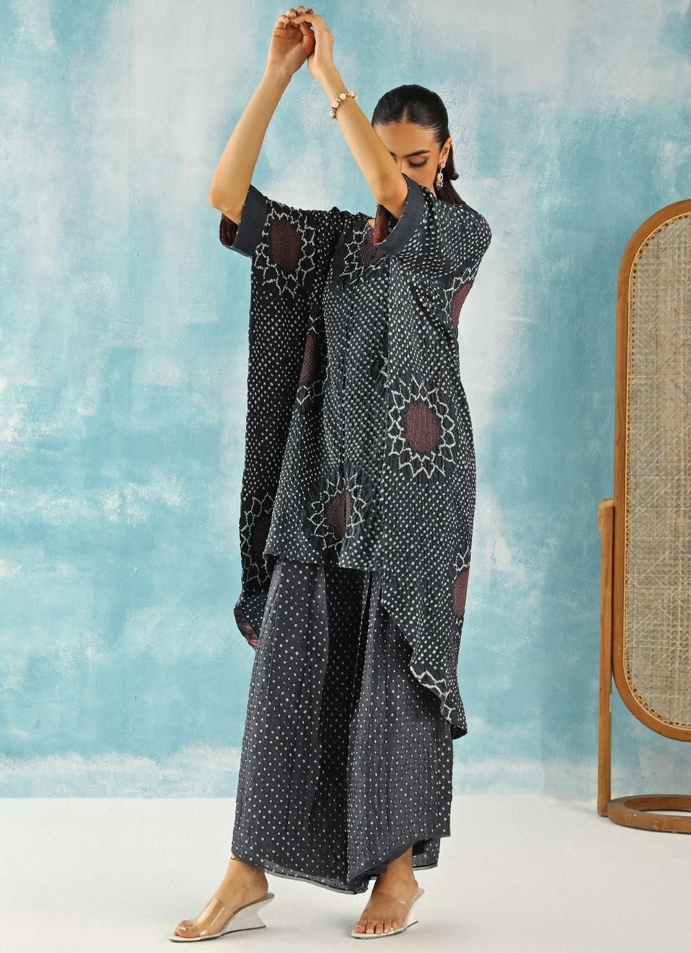 Twenty Nine Charcoal Black Asymmetric Bandhani Kaftan With PalazzoFabilicious Fashion