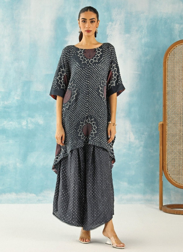 Twenty Nine Charcoal Black Asymmetric Bandhani Kaftan With PalazzoFabilicious Fashion