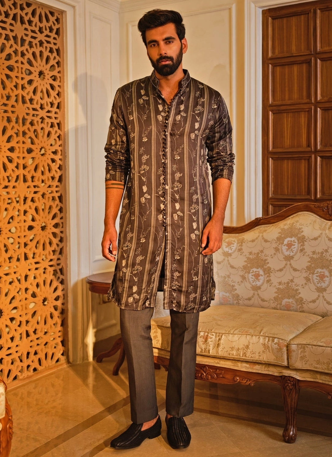 Darzi House Charcoal Black Modal Silk Kurta SetFabilicious Fashion